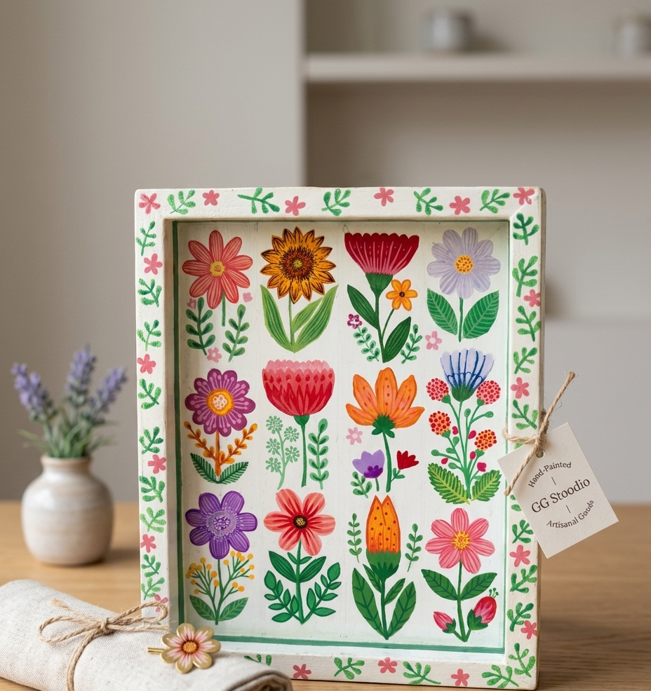 A hand-painted canvas covered in vivid wildflowers, framed by a leafy border.