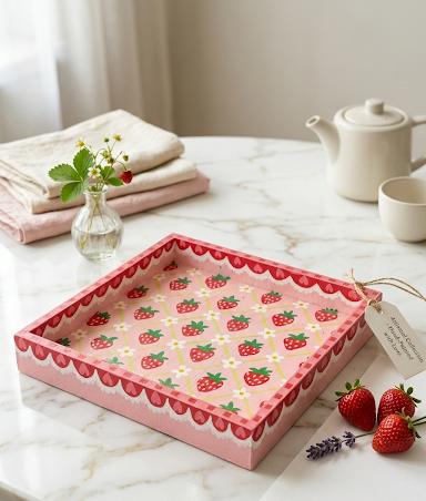 A pink square tray covered in painted strawberries with a heart-scallop border.