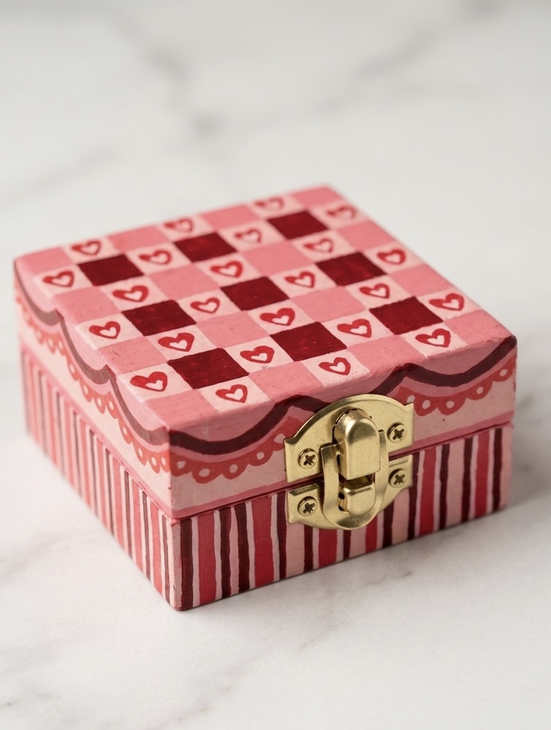 A small square keepsake box with pink-and-red checks of hearts and a brass latch.