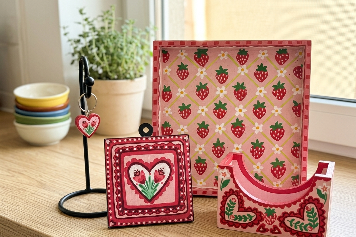 A group of strawberry-painted pieces — tray, framed heart, napkin holder — on a windowsill.